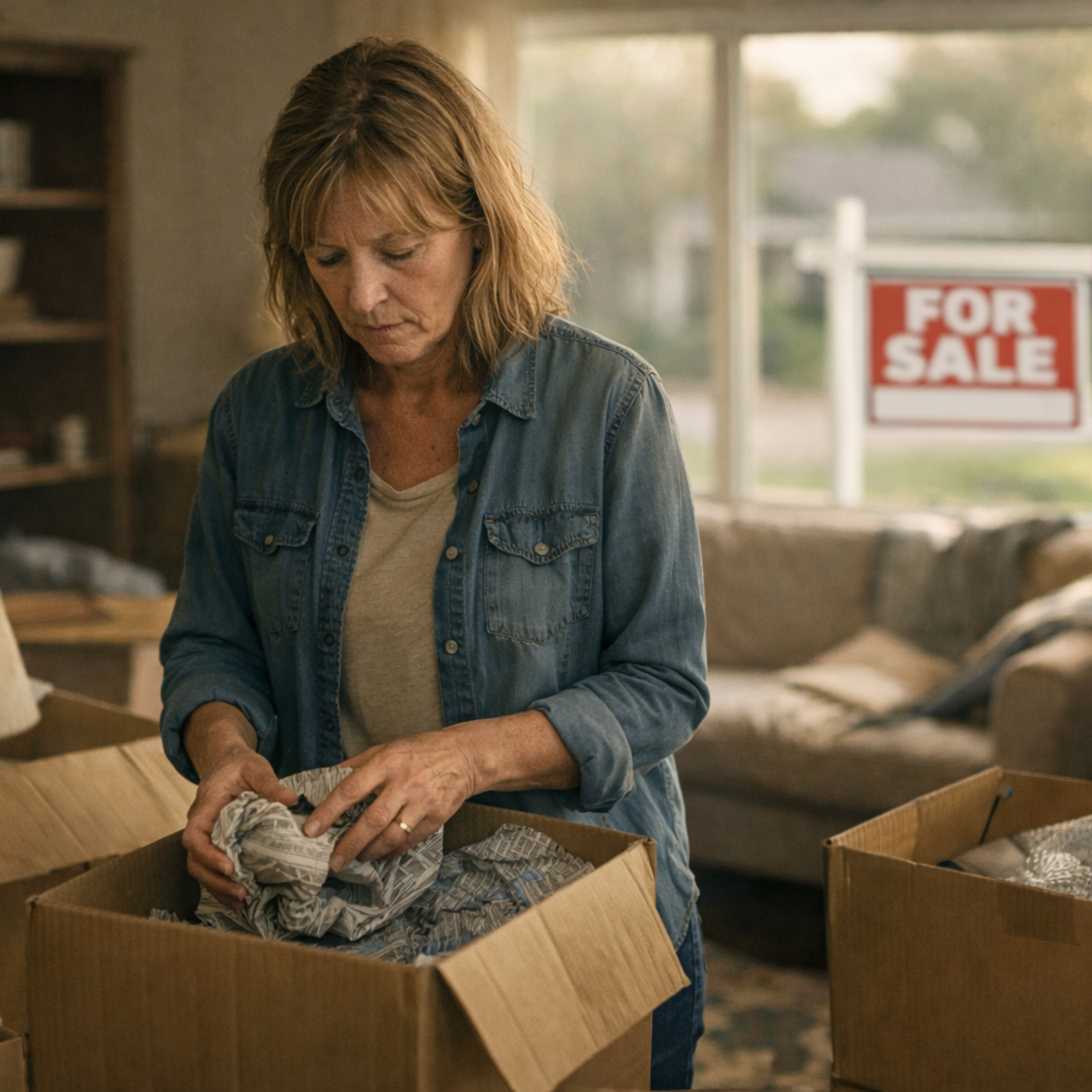 Woman packing up belongings in a home for sale